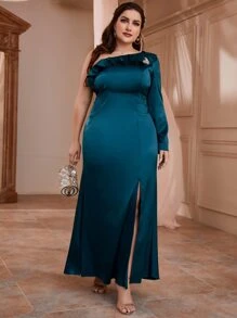 SHEIN LUNE 大碼單肩荷葉邊高衩緞面舞會洋裝