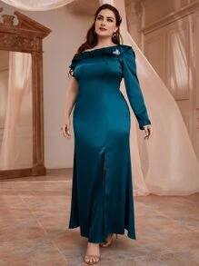 SHEIN LUNE 大碼單肩荷葉邊高衩緞面舞會洋裝