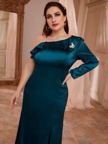 SHEIN LUNE 大碼單肩荷葉邊高衩緞面舞會洋裝