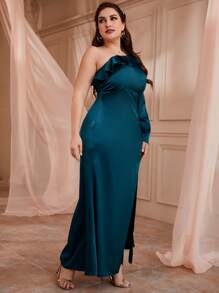 SHEIN LUNE 大碼單肩荷葉邊高衩緞面舞會洋裝