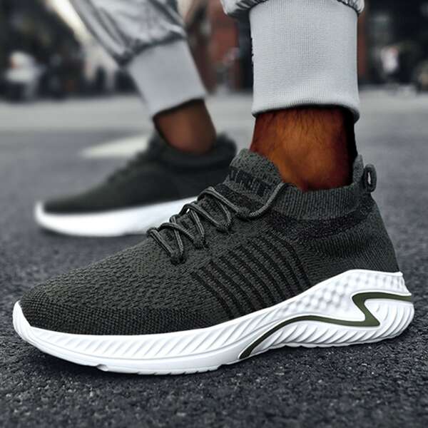 

Men Knit Detail Letter Graphic Running Shoes, Army green