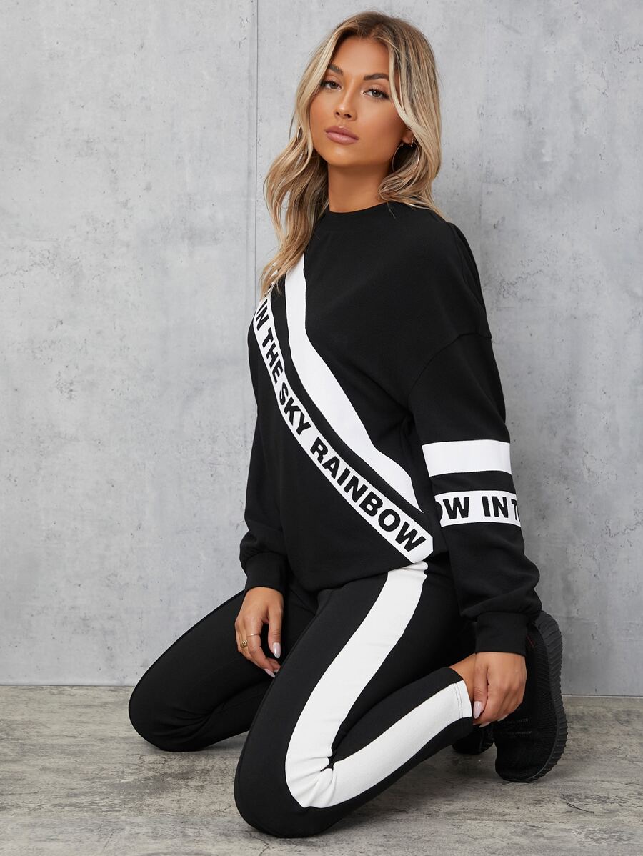 Mulvari Letter Graphic Pullover & Contrast Side Seam Leggings - Black - View 1