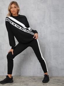 Mulvari Letter Graphic Pullover & Contrast Side Seam Leggings - Black - View 3