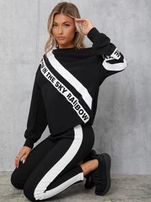 Mulvari Letter Graphic Pullover & Contrast Side Seam Leggings - Black - View 4