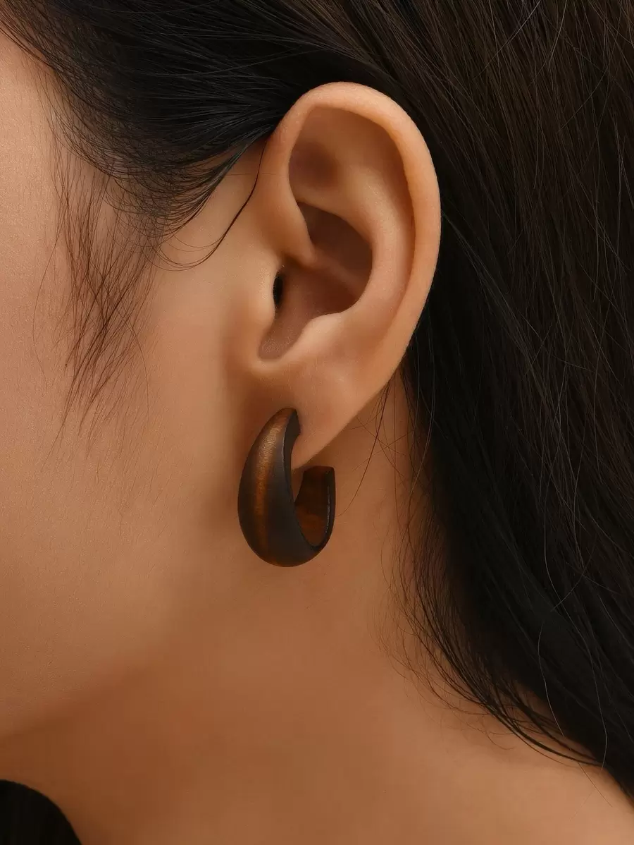 Wooden Cuff Hoop Earrings - Brown - View 1