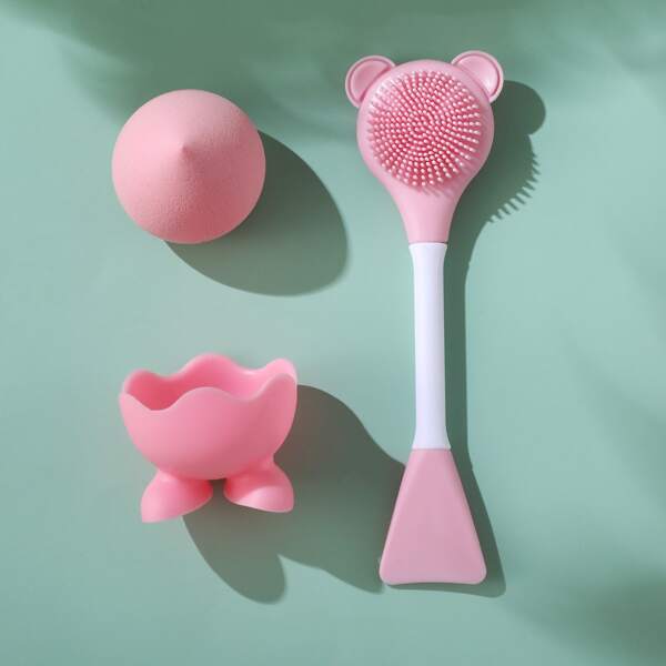 

1pc Facial Sheet Brush & 1pc Makeup Sponge With Holder, Pink