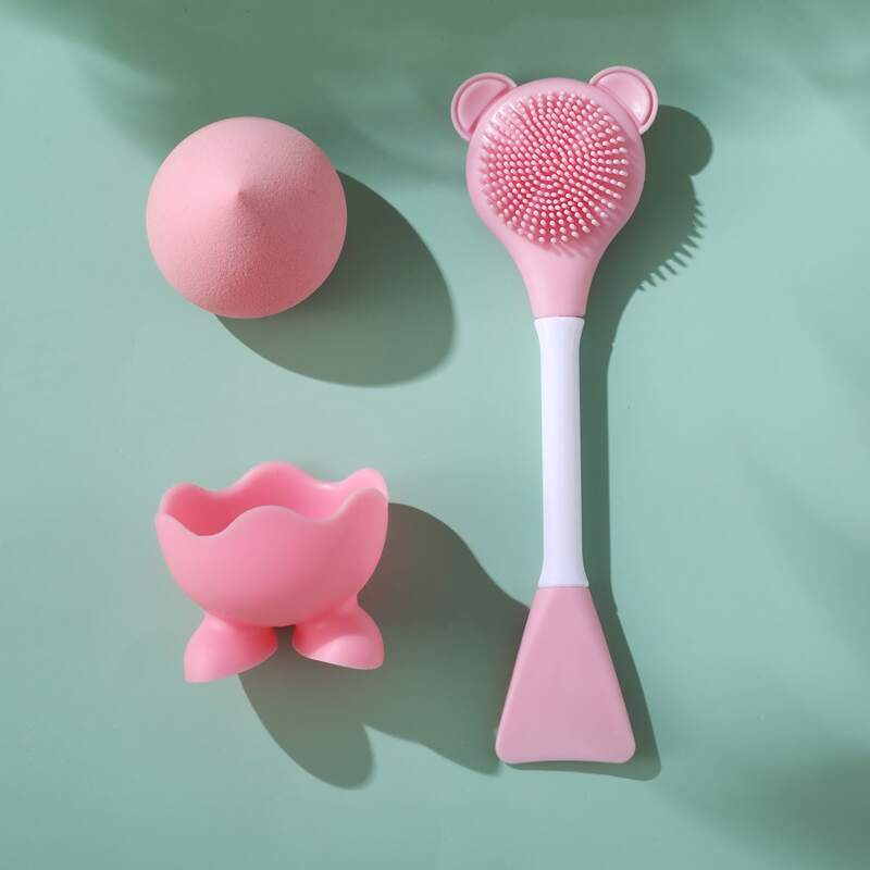 

1pc Facial Sheet Brush & 1pc Makeup Sponge With Holder, Pink