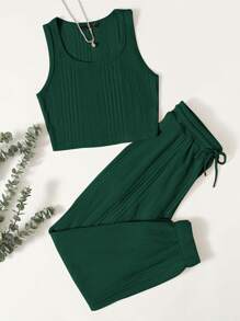 SHEIN EZwear Ribbed Cropped Tank Top & Drawstring Joggers Set