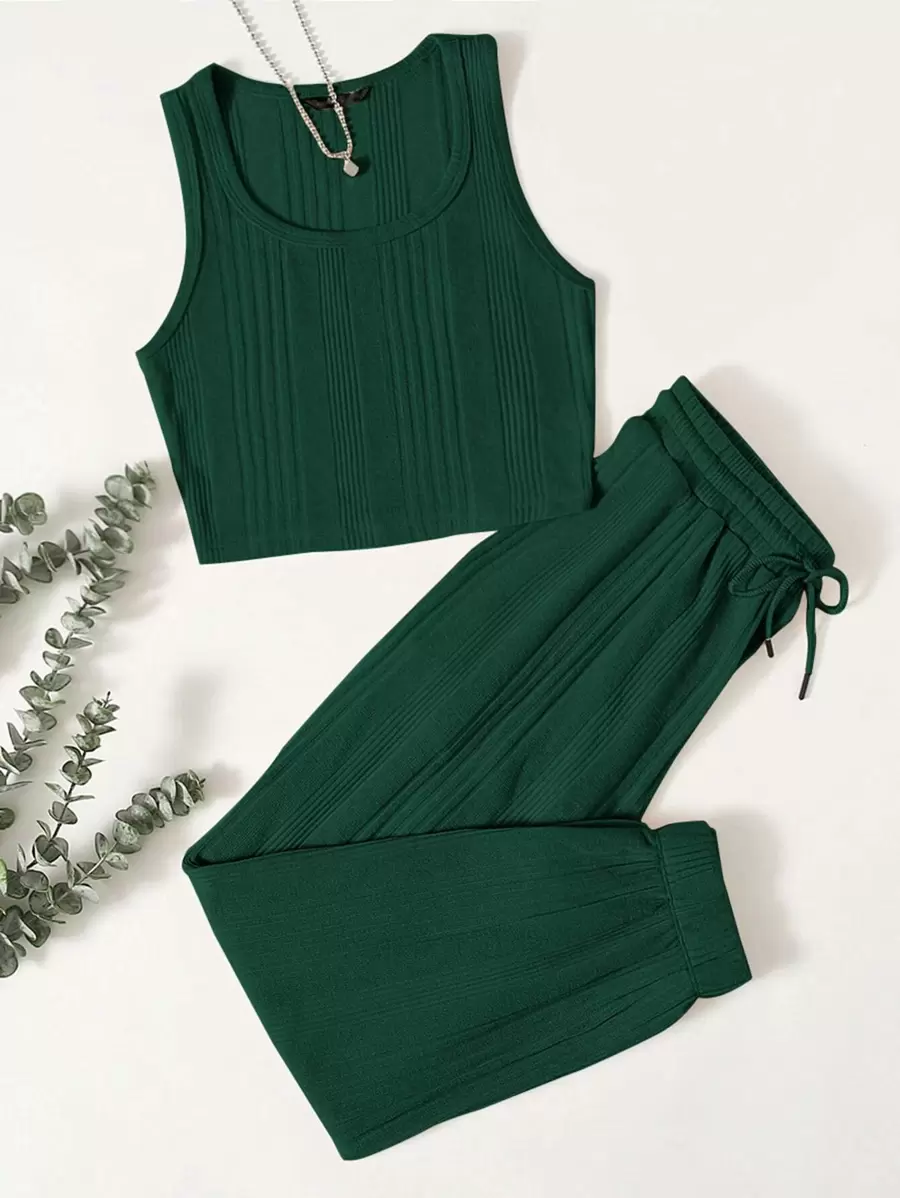 SHEIN EZwear Ribbed Cropped Tank Top & Drawstring Joggers Set