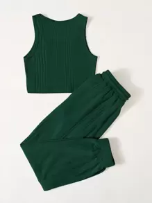 SHEIN EZwear Ribbed Cropped Tank Top & Drawstring Joggers Set