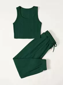 SHEIN EZwear Ribbed Cropped Tank Top & Drawstring Joggers Set