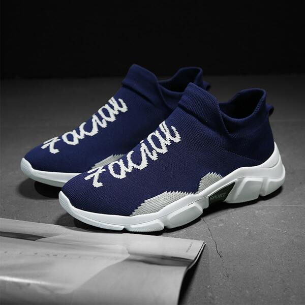 

Men Letter Graphic Knit Detail Slip On Sneakers, Blue