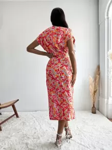 Aveloria Vestido con estampado fruncido con abertura lateral de cintura cortada - Multicolor - Ver 2