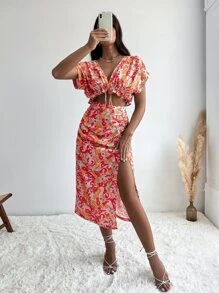 Aveloria Vestido con estampado fruncido con abertura lateral de cintura cortada - Multicolor - Ver 5