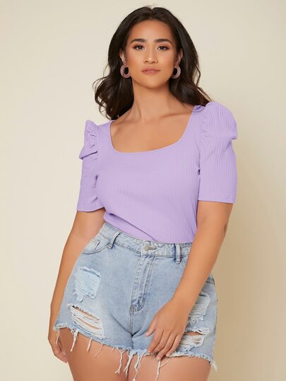 Firerie Plus Ribbed Knit Scoop Neck Puff Sleeve Tee Spring To Summer