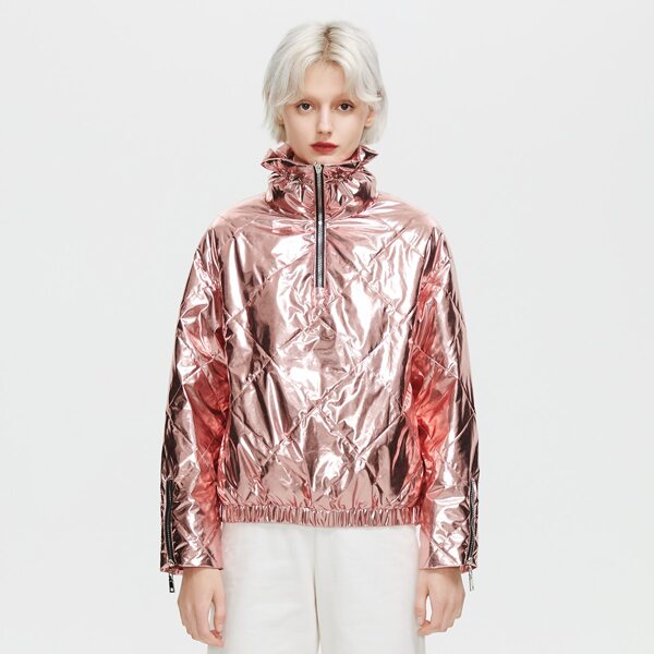 

Zipper Half Placket Metallic Quilted Winter Coat, Pink