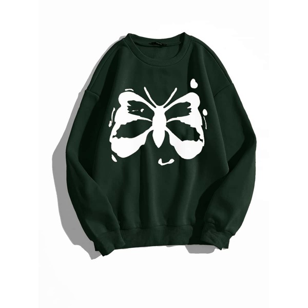 

Butterfly Print Drop Shoulder Thermal Pullover, Dark green