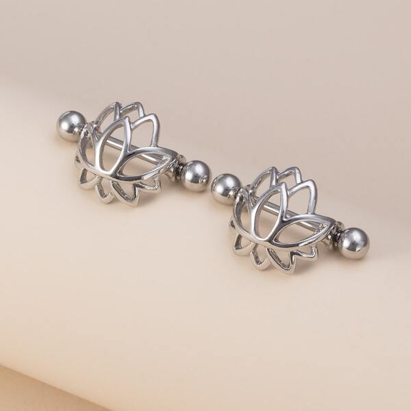 

2pcs Flower Decor Nipple Ring, Silver