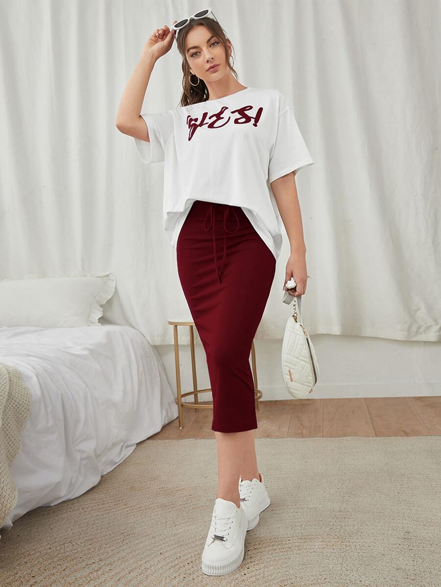 Mulvari Letter Graphic Tee & Split Hem Skirt - Multicolor - View 1