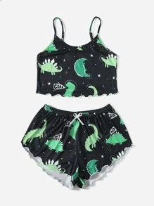 Conjunto de pijama con lazo al frente con estampado de estrellas y dinosaurios, vacaciones