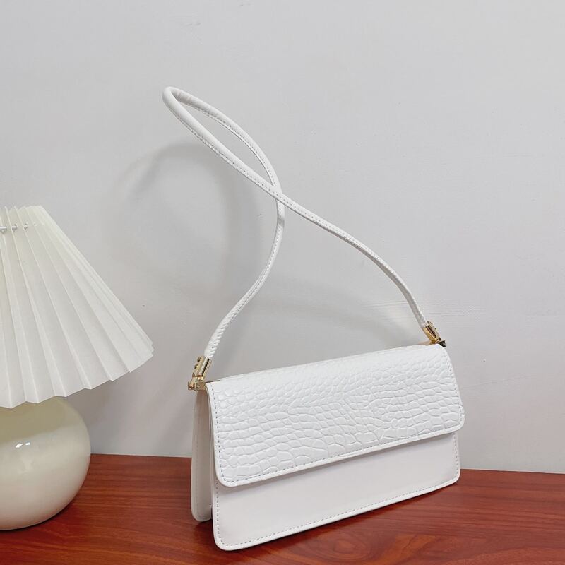 

Minimalist Croc Embossed Flap Shoulder Bag, White