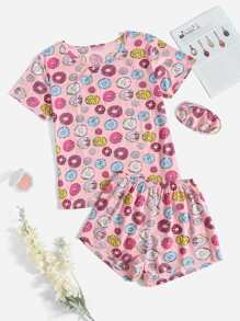 Conjunto de pijama con estampado de dónut con máscara de ojo - Multicolor - Ver 1