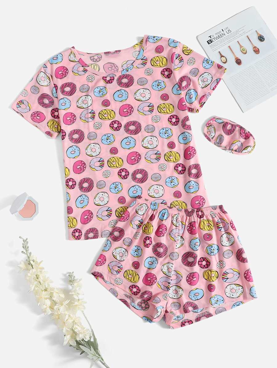 Conjunto de pijama con estampado de dónut con máscara de ojo - Multicolor - Ver 1