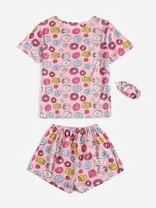 Conjunto de pijama con estampado de dónut con máscara de ojo - Multicolor - Ver 2
