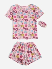 Conjunto de pijama con estampado de dónut con máscara de ojo - Multicolor - Ver 3