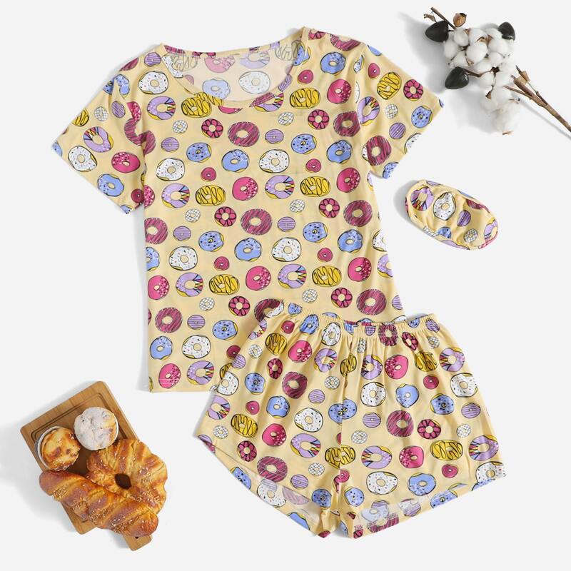 

Allover Donuts Print Eye Cover Pajama Set, Multicolor