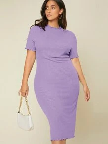 SHEIN BASICS Vestido ajustado ribete en forma de lechuga tejido de canalé - Lila Púrpura - Ver 4