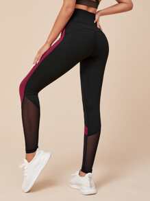Easithlete Colourblock Mesh Insert Sports Leggings - Black - View 2
