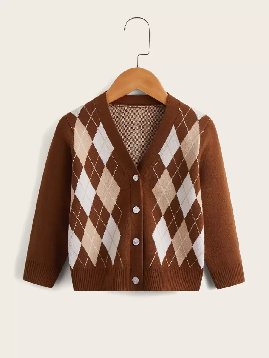 Toddler Girls Argyle Pattern Cardigan - Brown - View 1