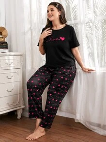 Plus Heart And Letter Graphic PJ Set - Black - View 1