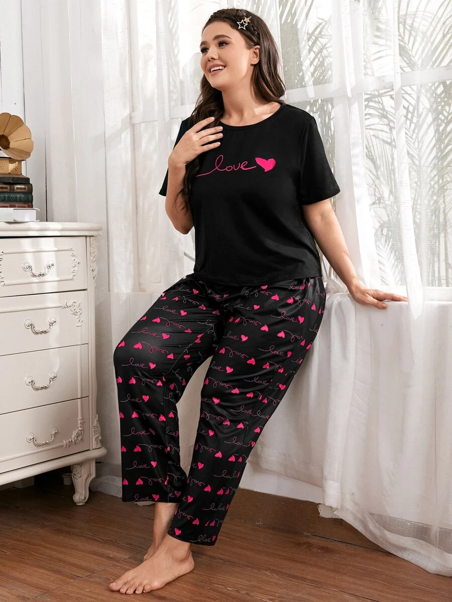 Plus Heart And Letter Graphic PJ Set - Black - View 1