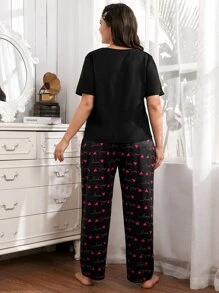 Plus Heart And Letter Graphic PJ Set - Black - View 2