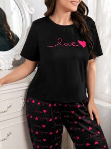 Plus Heart And Letter Graphic PJ Set - Black - View 4