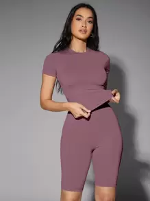 SHEIN BAE 素色合身T恤 - 淡紫色 - 查看 1