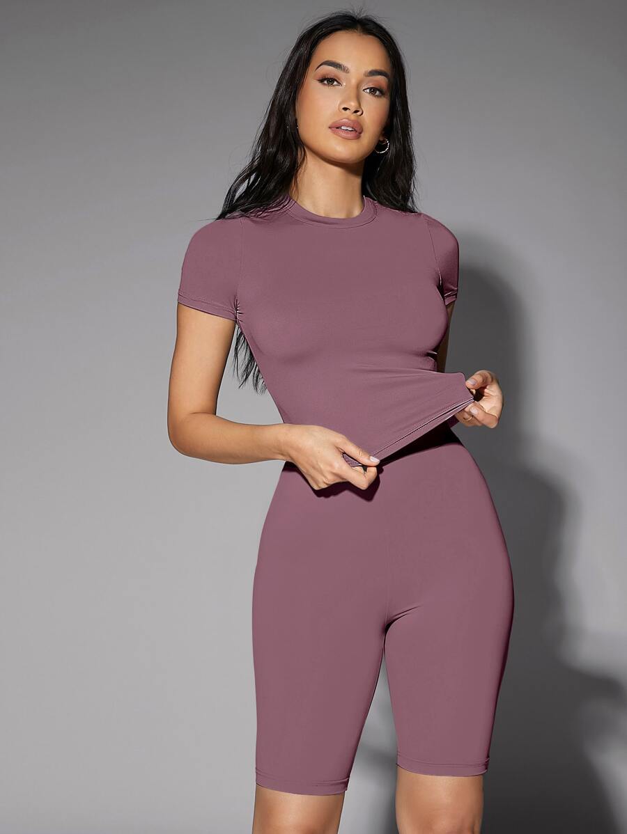 SHEIN BAE Áo thun màu trơn Giải trí - Màu tím hoa cà - Xem 1