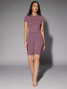 SHEIN BAE 素色合身T恤 - 淡紫色 - 查看 3