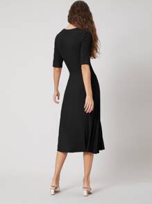 MOTF PREMIUM Đầm xoắn lại màu trơn Thanh lịch - màu đen - Xem 2