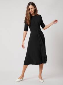 MOTF PREMIUM Đầm xoắn lại màu trơn Thanh lịch - màu đen - Xem 4