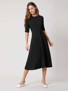 MOTF PREMIUM Đầm xoắn lại màu trơn Thanh lịch - màu đen - Xem 5