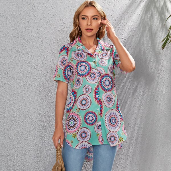 

Mandala Print Lapel Collar Blouse, Multicolor