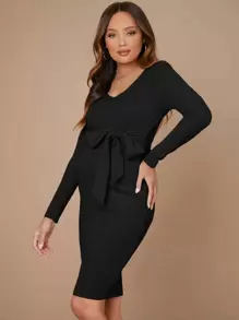 SHEIN 孕婦裝v領腰帶包臀洋裝 - 黑色 - 查看 1