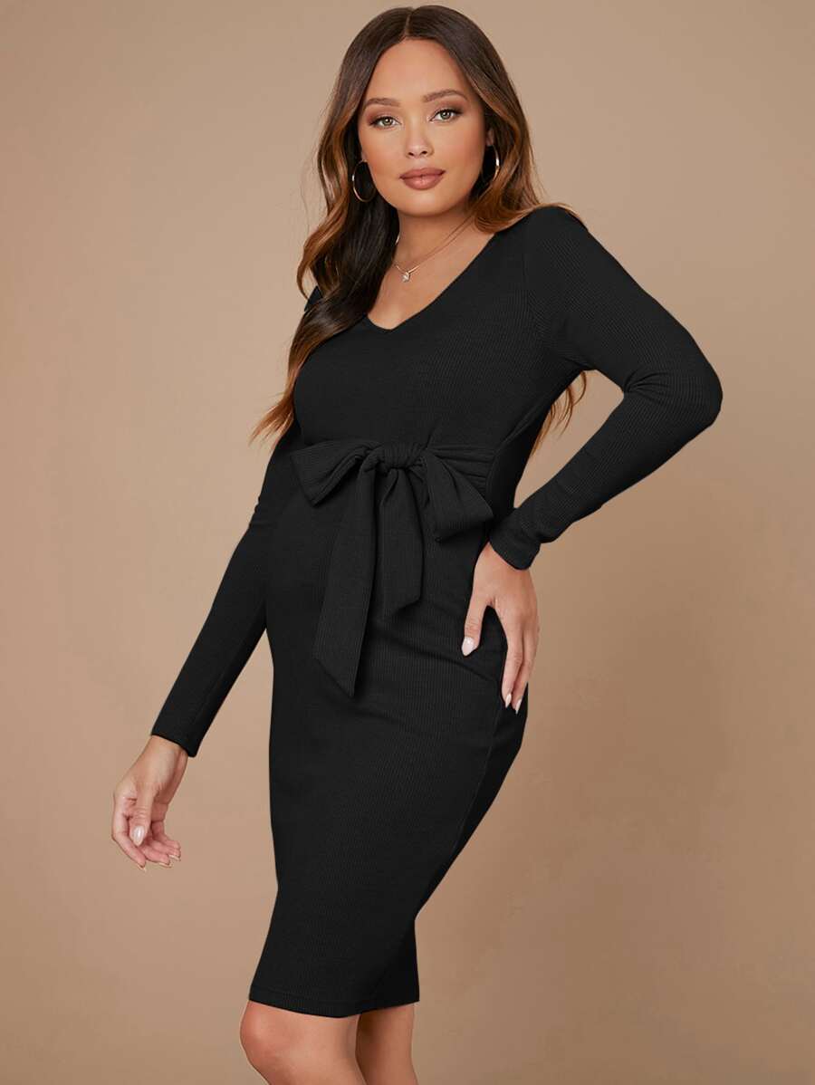 SHEIN 孕婦裝v領腰帶包臀洋裝 - 黑色 - 查看 1