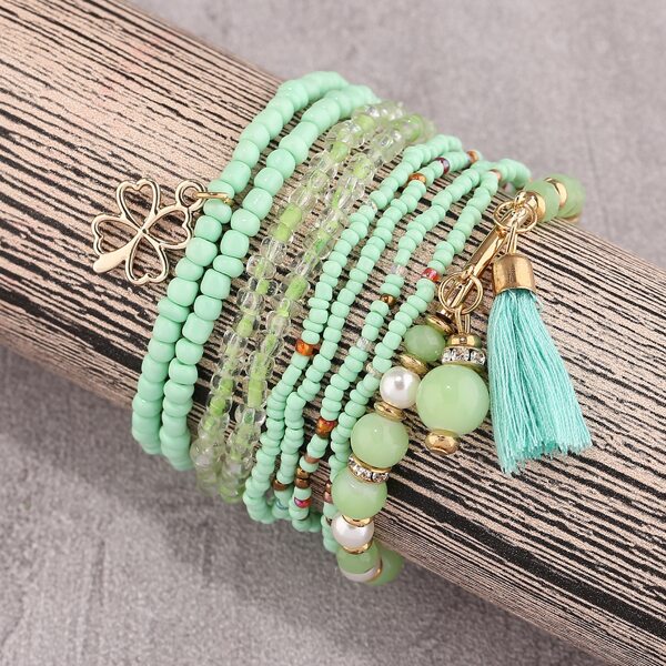 

9pcs Tassel Charm Beaded Bracelet, Green
