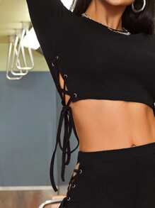 SHEIN Lace Up Side Crop Top & Leggings - Black - View 4