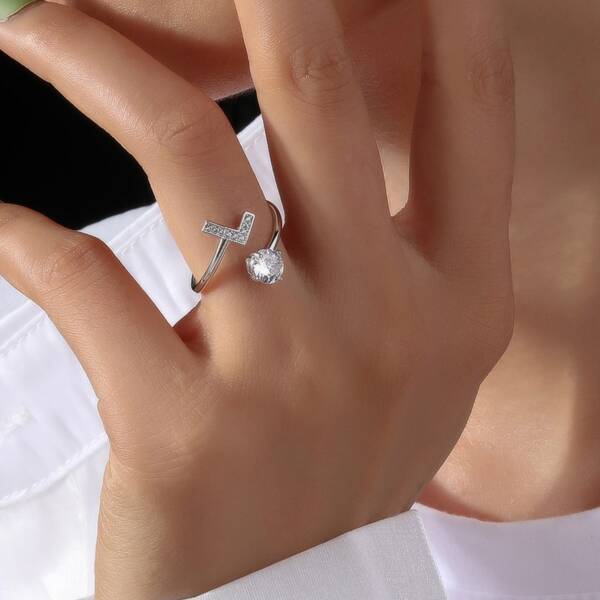 

Zircon Decor Cuff Ring, Silver