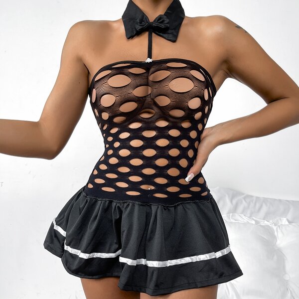 

Cut-out Fishnet School Girl Costume Dress, Black